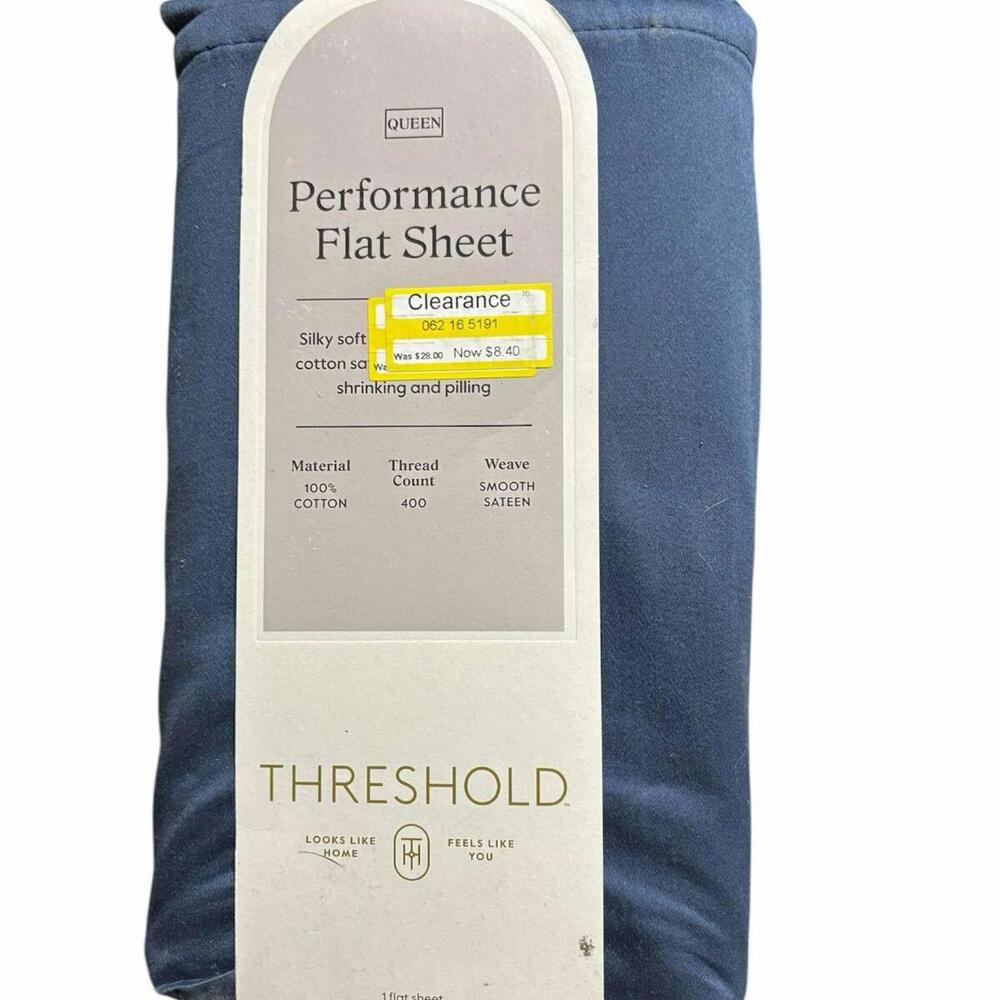 QUEEN Threshold  400 Thread Count Perfor Flat Sheet Sateen NAVY 100% Cotton